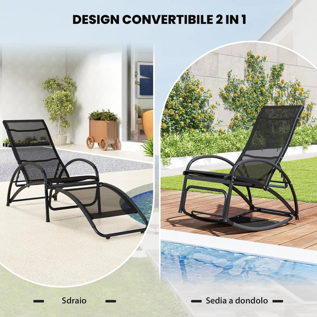 Sedia a Dondolo 2 in 1 da Giardino, Lettino Prendisole Convertibile con Schienale Regolabile a 4 Posizioni, Braccioli Curvi e Telaio in Alluminio, per Patio e Piscina, Portata 150 kg (Nero)