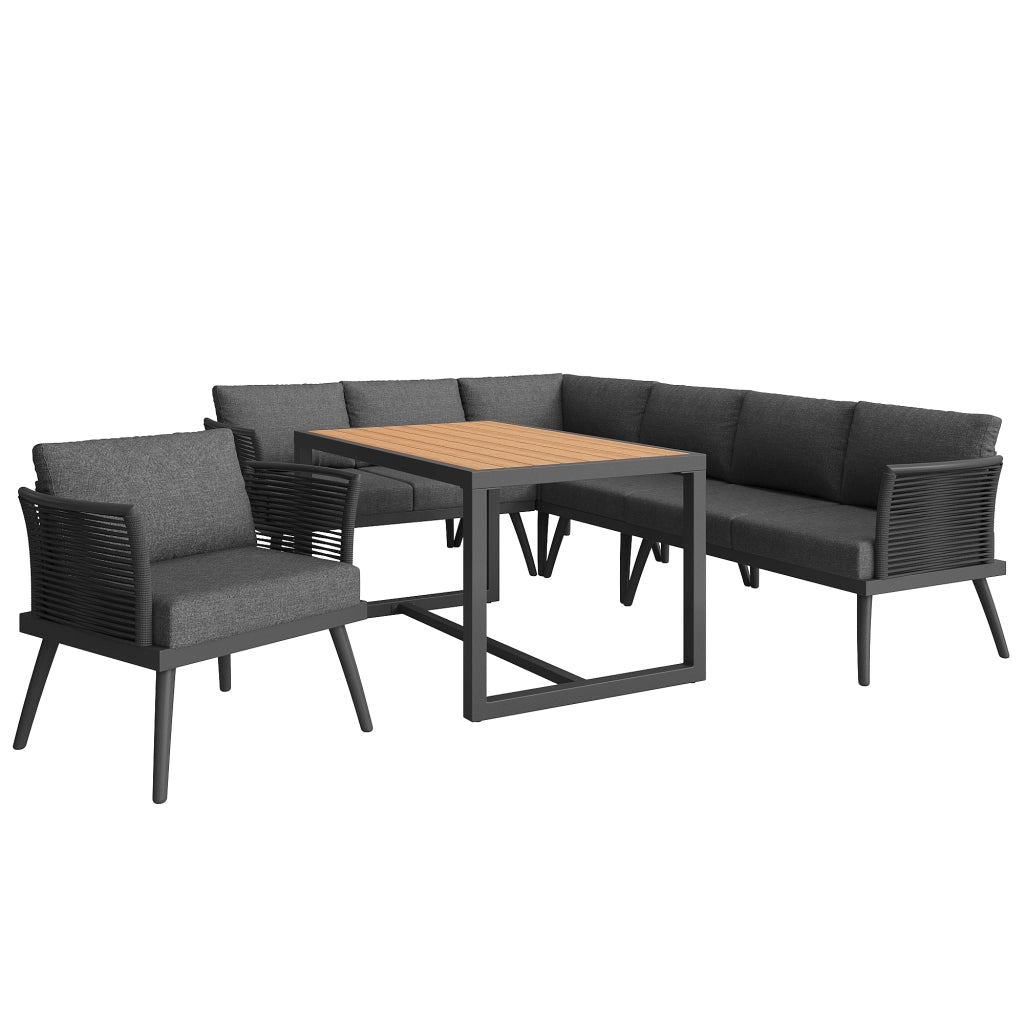 Set lounge da giardino a 7 posti modulare in ferro grigio con tavolino in legno plastico e cuscini sfoderabili