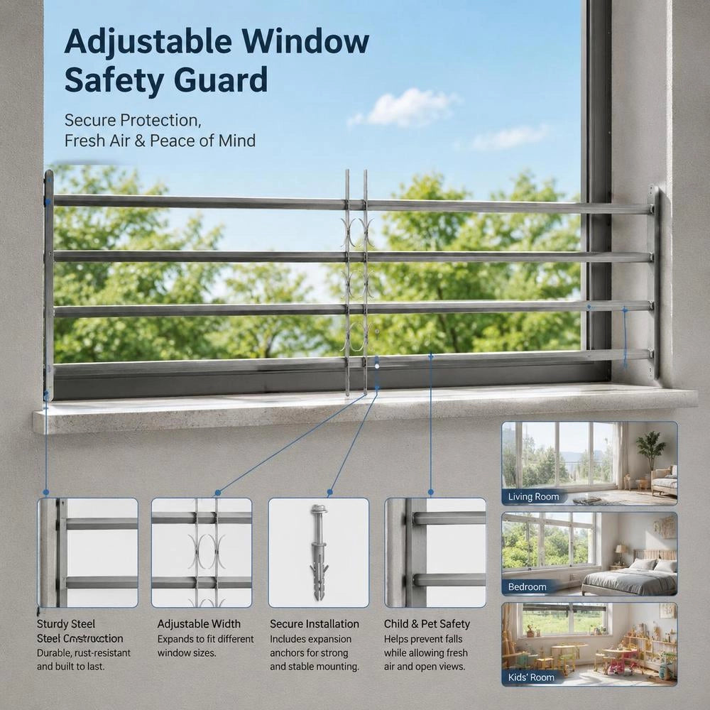 Adjustable Window Security Grille, Galvanized Steel With Decorative Bars, Anti-Theft Protection For Home Office, Silver, Width 1000-1500 Mm