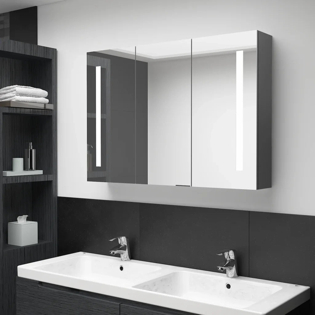 Armadietto Bagno con Specchio e LED-Mobile bagno con specchio 89x14x62 cm Grigio