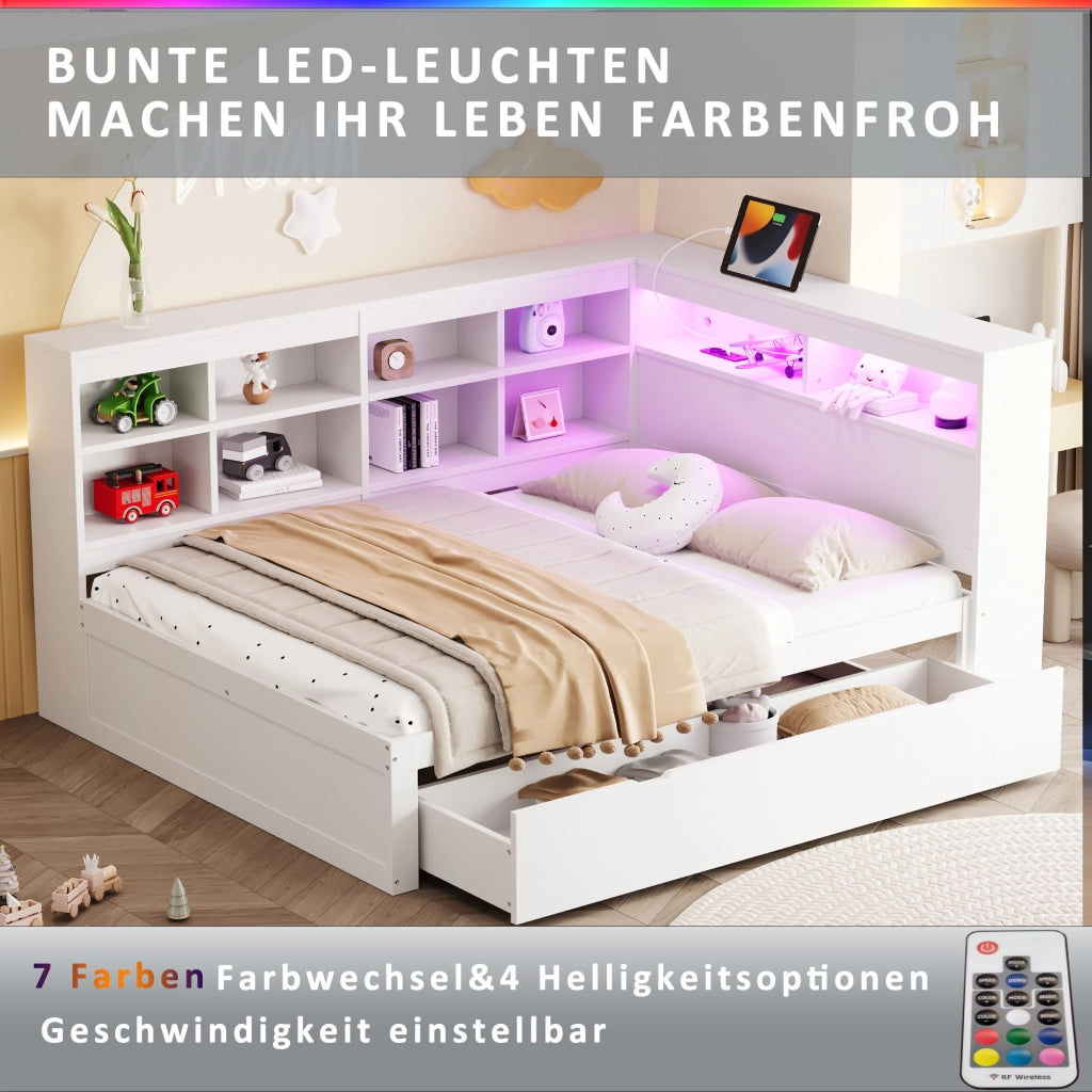 Letto Contenitore Letto Matrimoniale 140x200 cm con USB; LED e Mensole in Legno Bianco