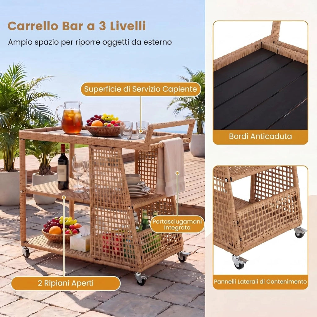 Carrello Bar in Rattan, Carrello Portavivande con 3 Ripiani Aperti e 4 Ruote, Maniglia Ergonomica, Moderno Carrellino Servizio Esterno Interno per Giardino, Terrazzo, Cucina, 98 X 54 X 92 CM