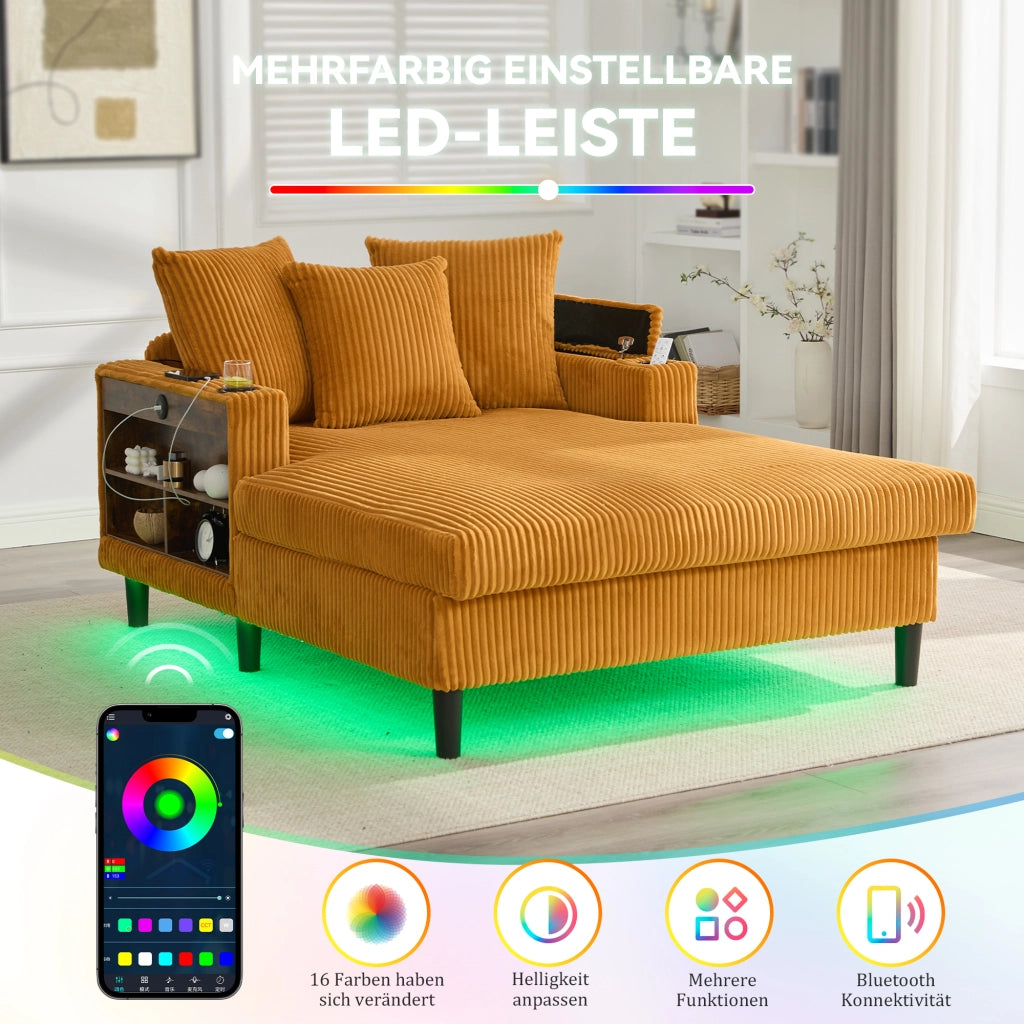 Méridienne con portabicchieri, luci LED, vano portaoggetti e porta USB in velluto a coste giallo senape 129 × 170 × 70 cm