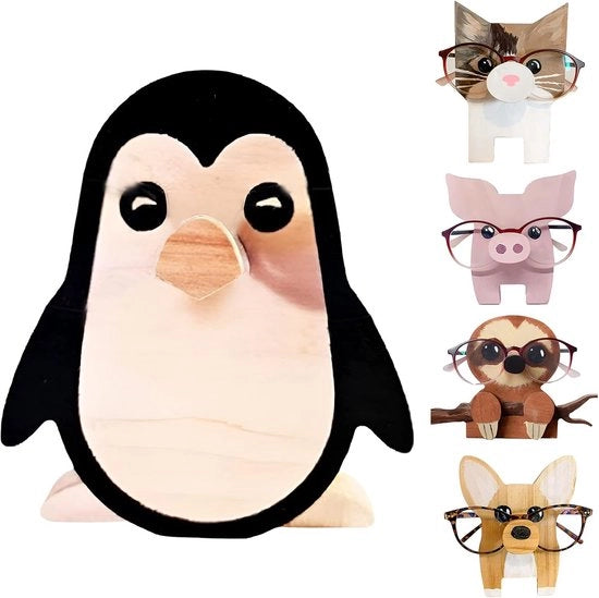 Briglia per occhiali in legno con stand - Design animale ombroso - Display per occhiali da sole per camera da letto e ufficio - Supporto per occhiali in vetro divertente - Thema pinguino