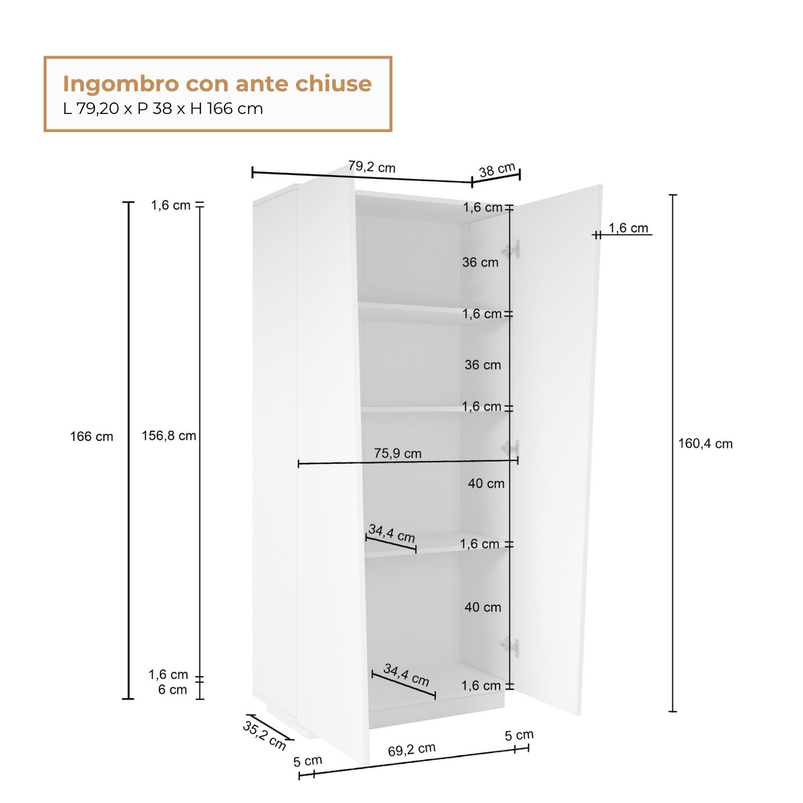 Armadio multiuso Easy a 2 ante bianco lucido 79,20x38x166 cm