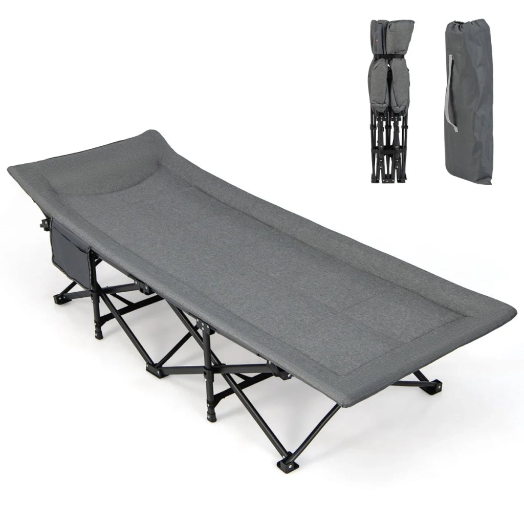 Lettino da campeggio pieghevole 188 x 68,5 x 48,5 cm con comodo poggiatesta adatto per uso interno ed esterno in lino grigio 20_0012331