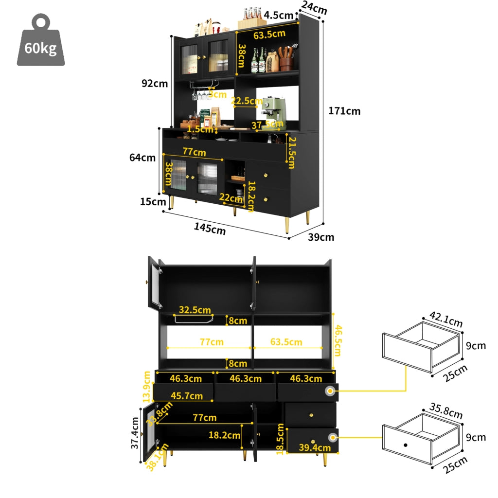 Credenza alta 145x39x171 cm con ante in vetro Changhong; portabottiglie e ripiani multipli in MDF nero