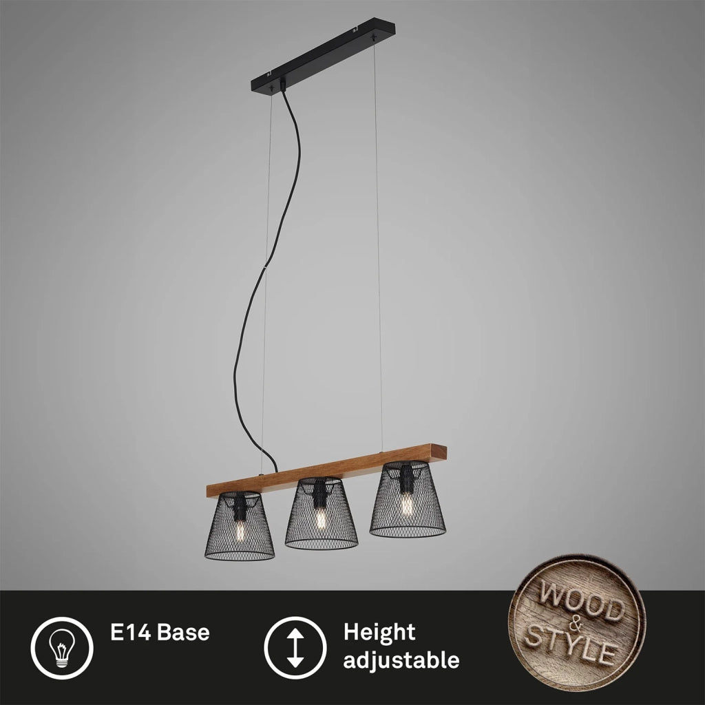 Lampadario A Sospensione Vintage Taunuds Metallo Legno Nero 3 Luci Luci E14
