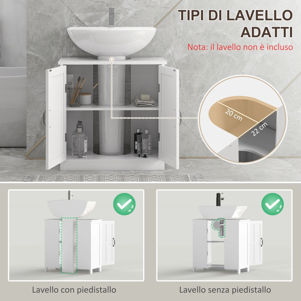 Mobile per Lavabo 60x30x60 cm Sotto Lavabo con 2 Ante e Ritaglio a Forma di U in MDF Bianco