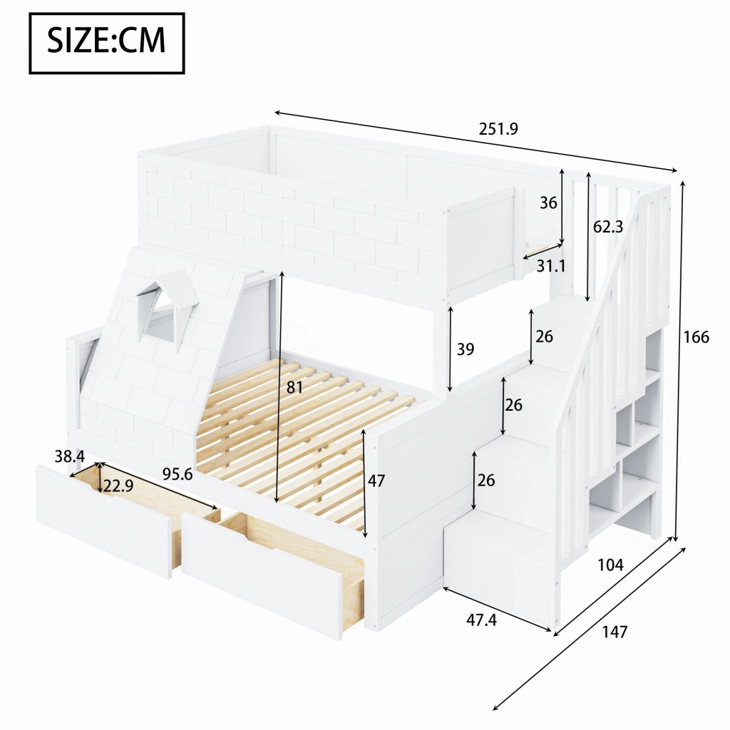 LETTO a castello con scala, cassetti e finestra 90x200/140x200 cm Bianco