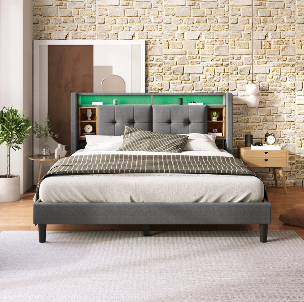 Letto matrimoniale 160x200 cm con testiera contenitore; LED e prese USB; legno massello grigio