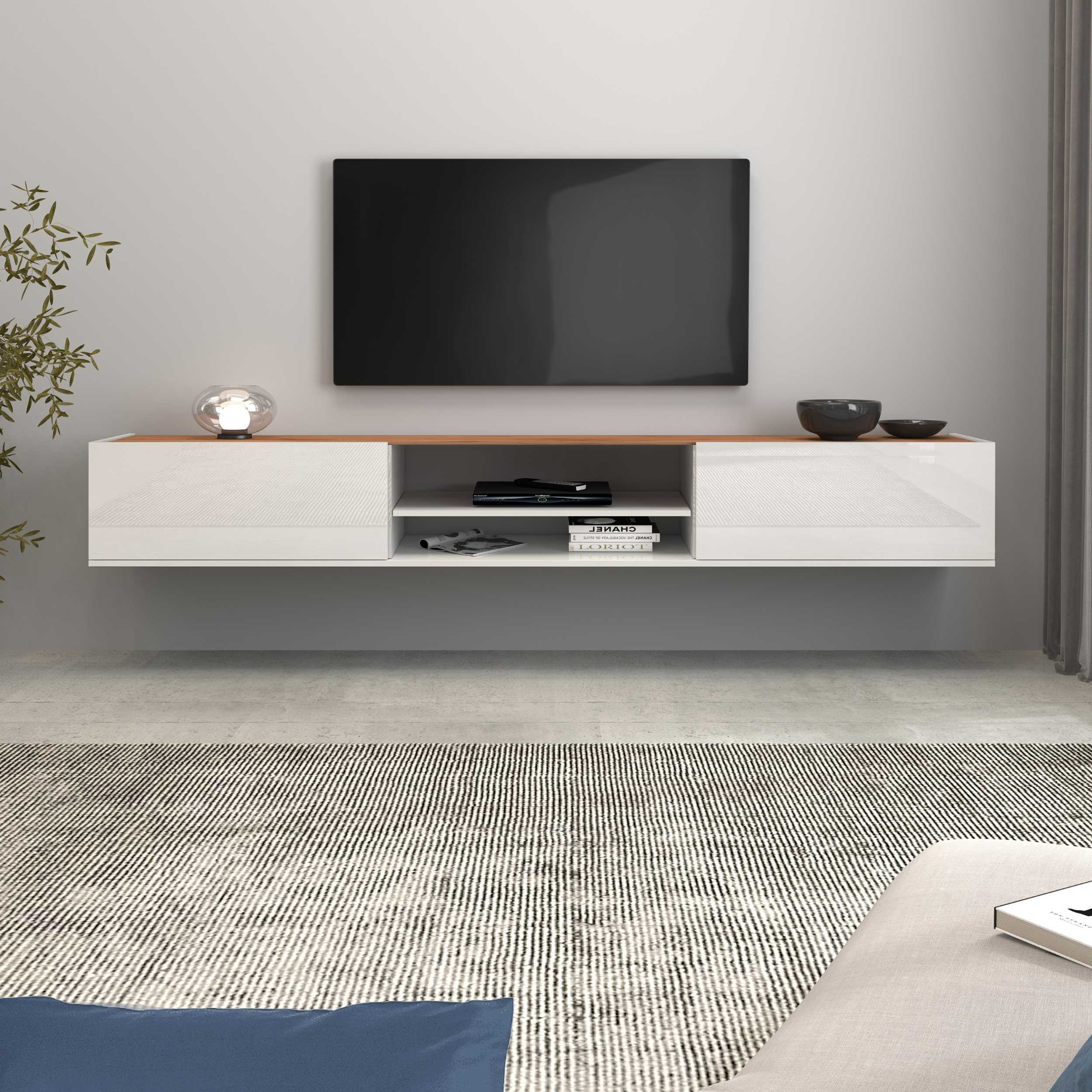 Mobile porta tv Garda 2 ante e 1 ripiano centrale bianco lucido e rovere 210x35x30 cm