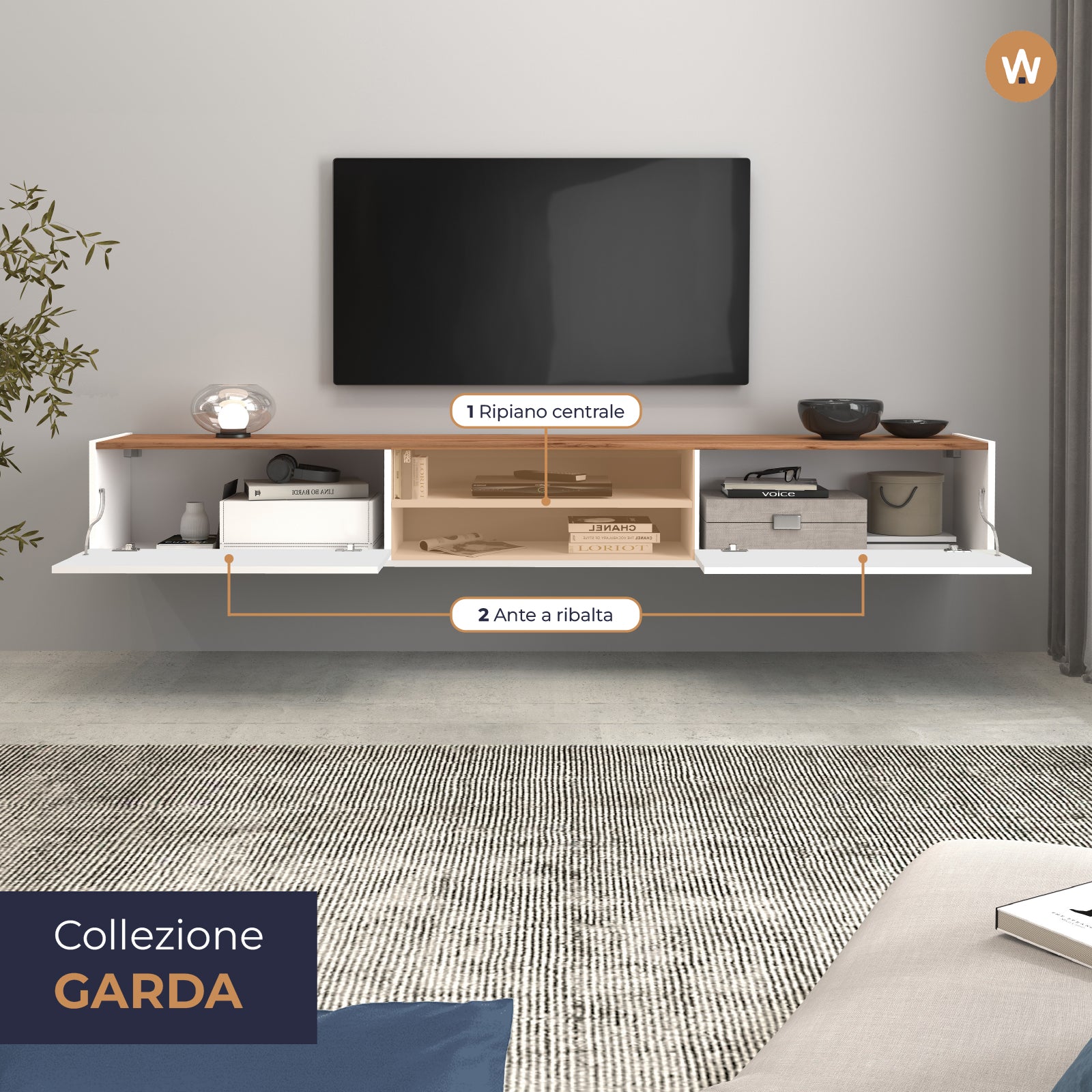 Mobile porta tv Garda 2 ante e 1 ripiano centrale bianco lucido e rovere 210x35x30 cm