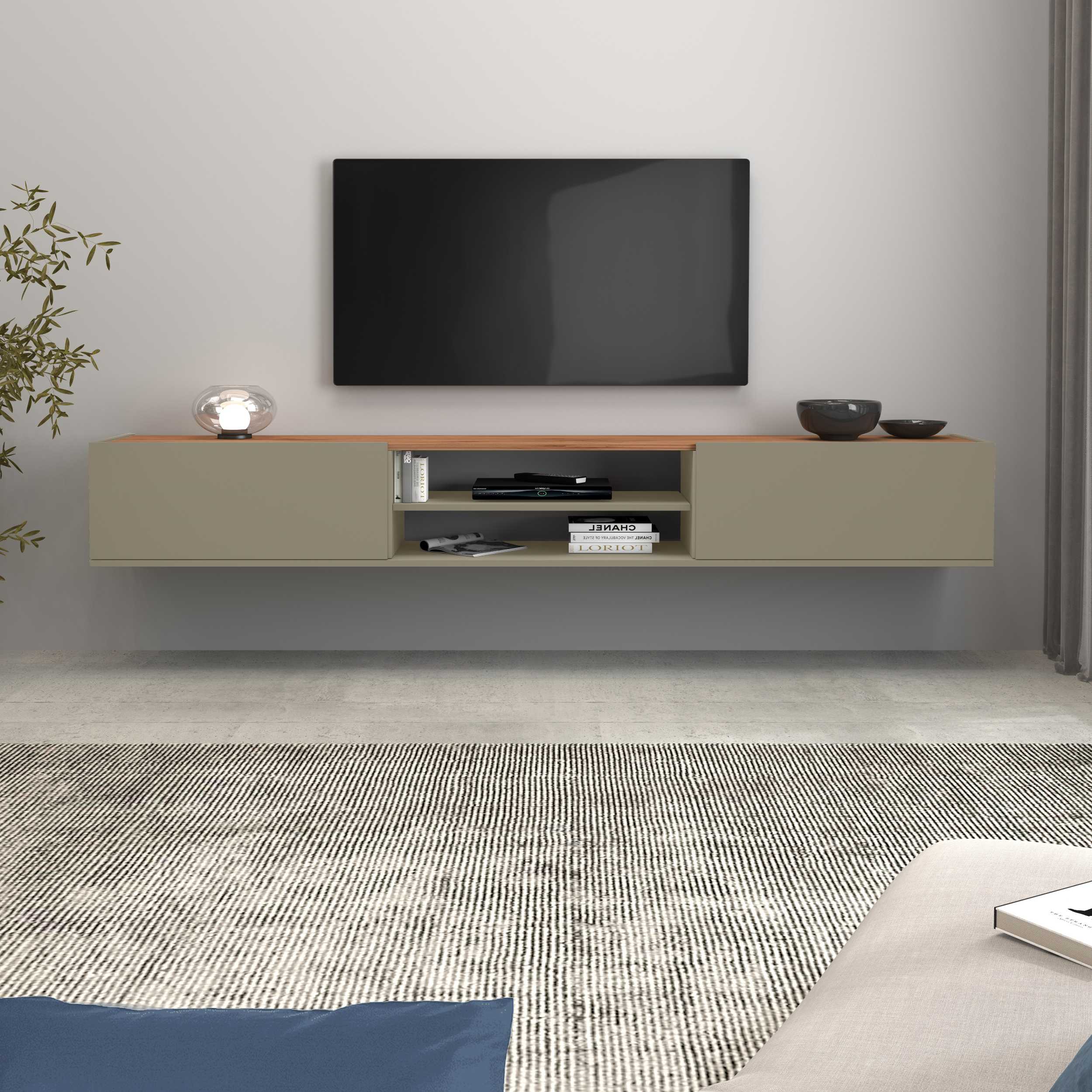 Mobile porta tv Garda 2 ante e 1 ripiano centrale tortora opaco e rovere 210x35x30 cm