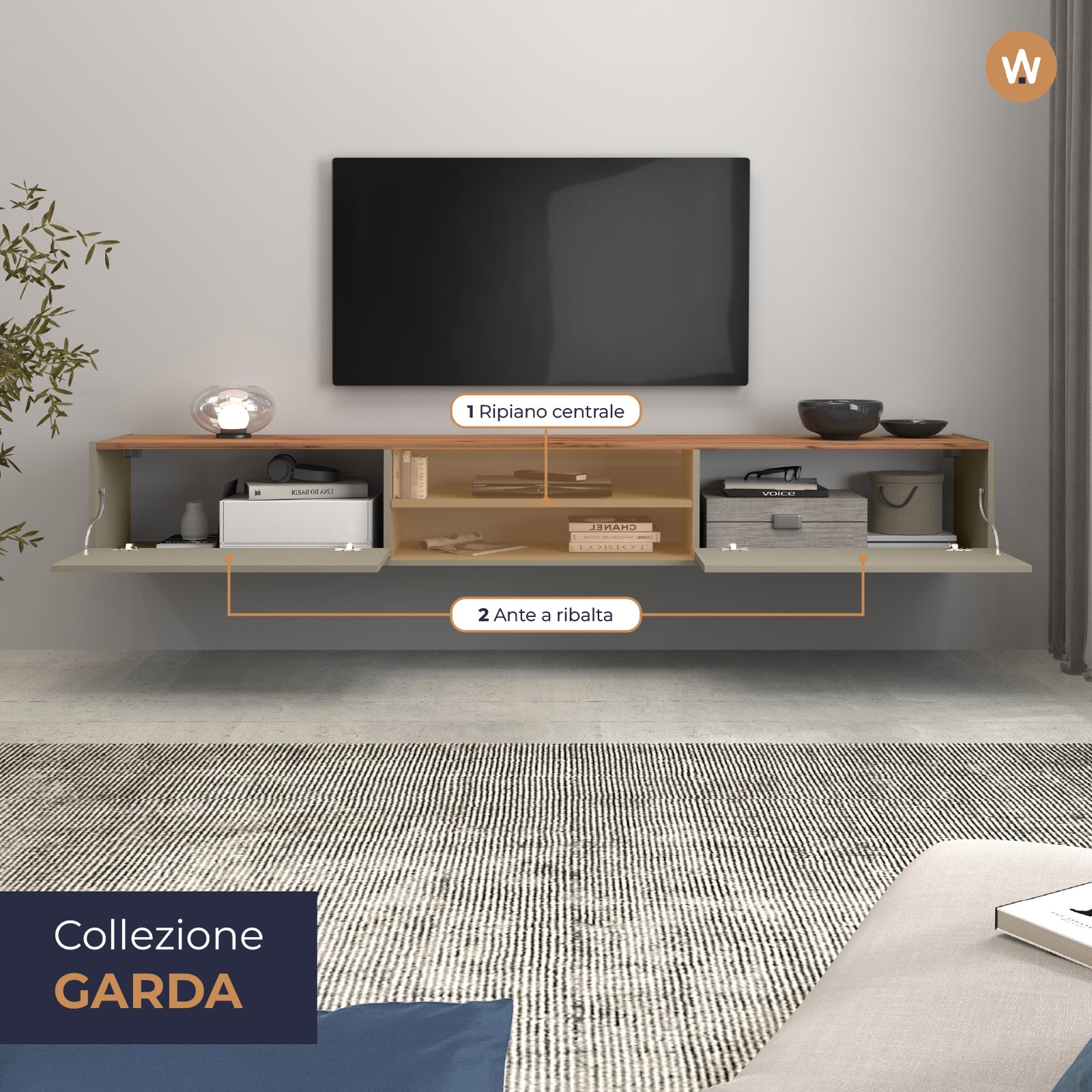 Mobile porta tv Garda 2 ante e 1 ripiano centrale tortora opaco e rovere 210x35x30 cm