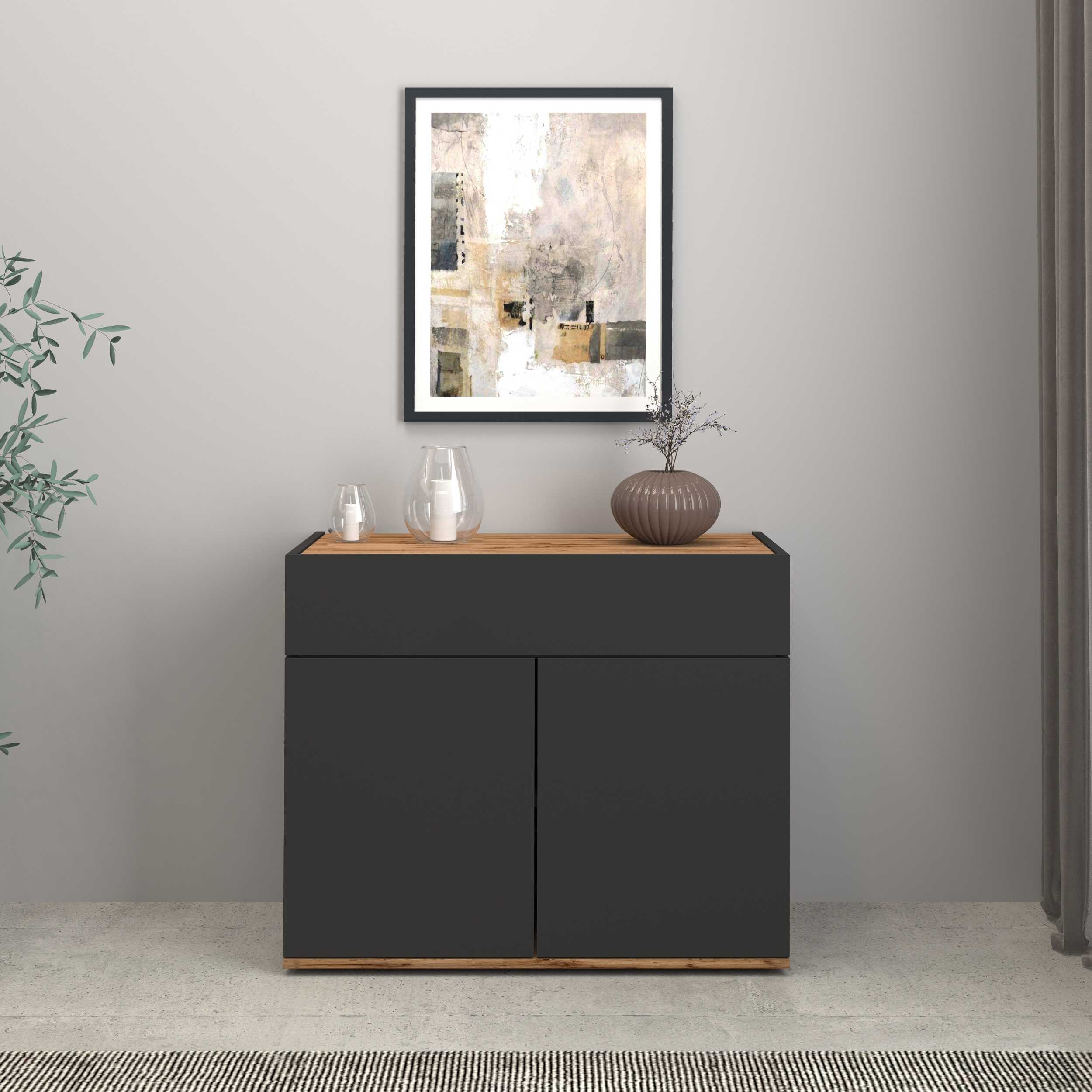 Credenza Garda 2 ante e 1 cassetto antracite opaco e rovere 80,9x35x70 cm