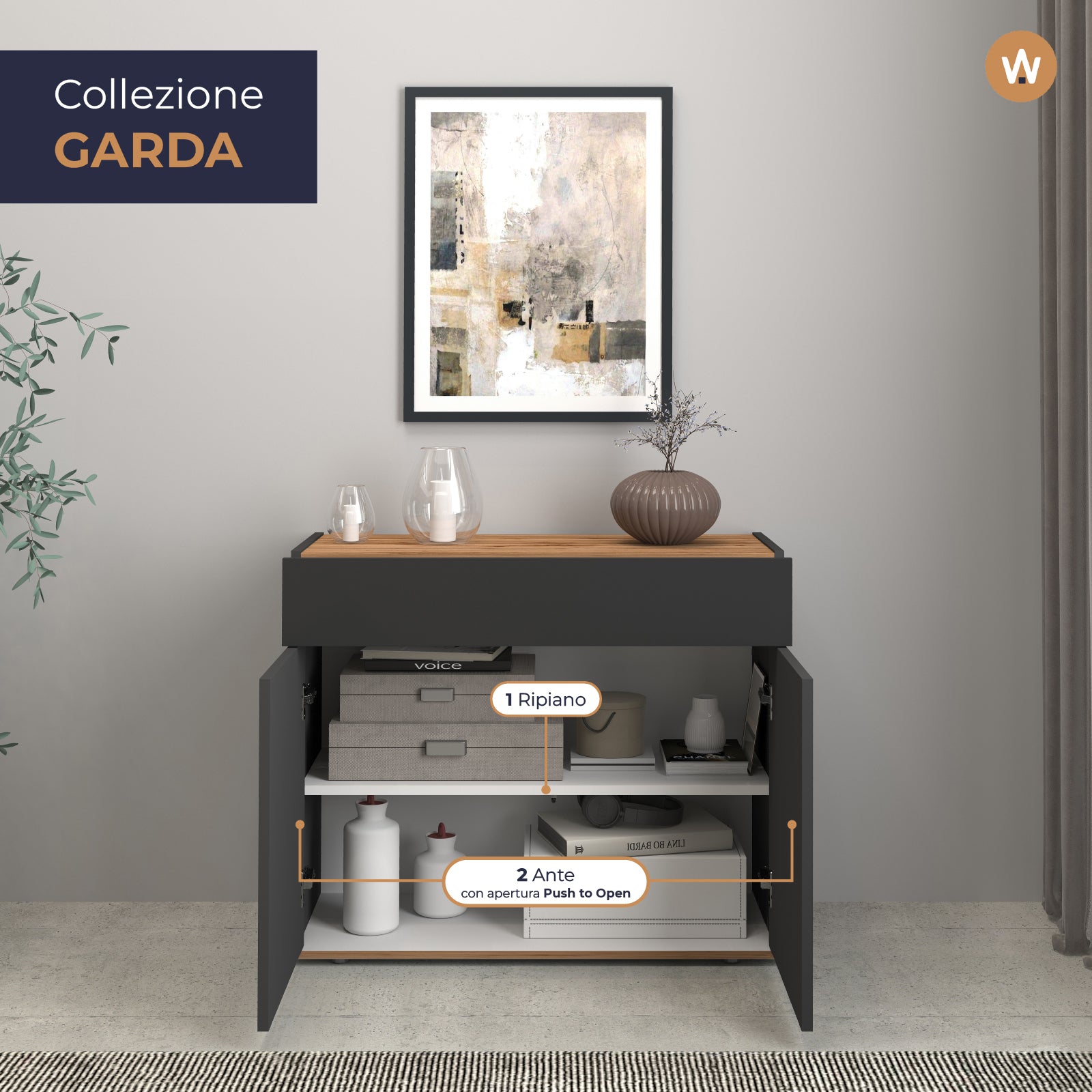 Credenza Garda 2 ante e 1 cassetto antracite opaco e rovere 80,9x35x70 cm