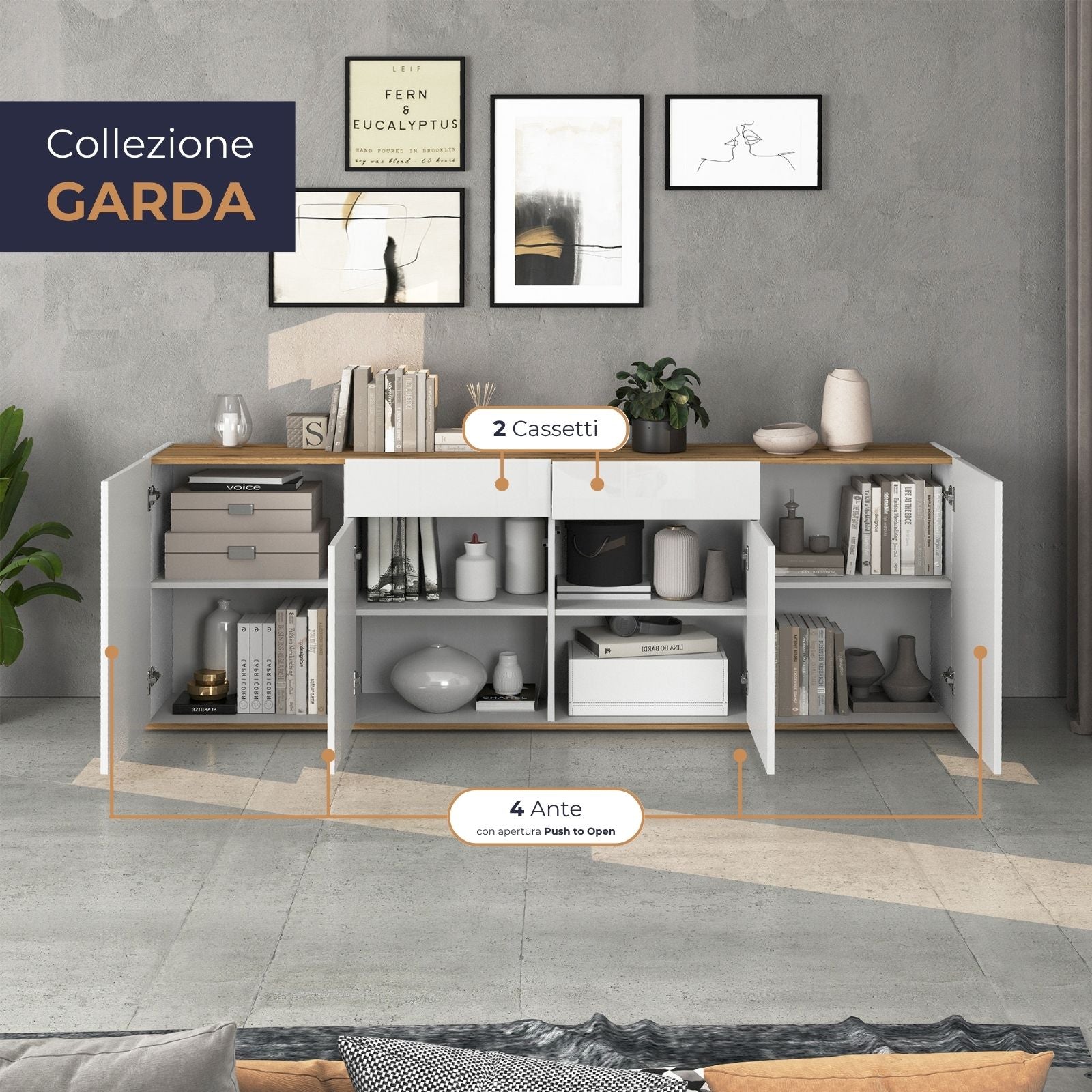 Madia Garda a 4 ante e 2 cassetti bianco lucido e rovere 200x35x71 cm
