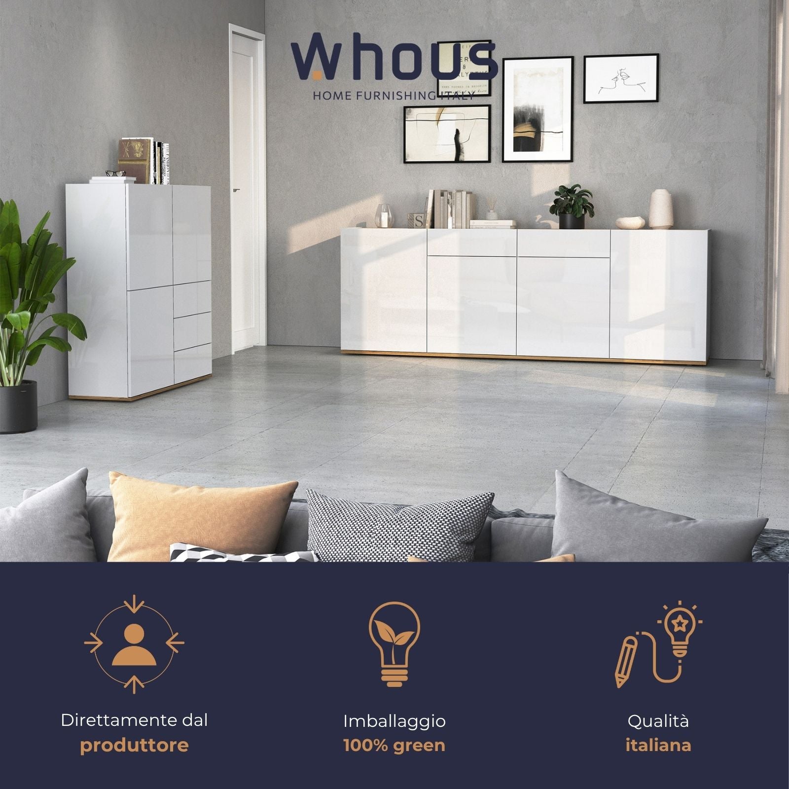 Madia Garda a 4 ante e 2 cassetti bianco lucido e rovere 200x35x71 cm