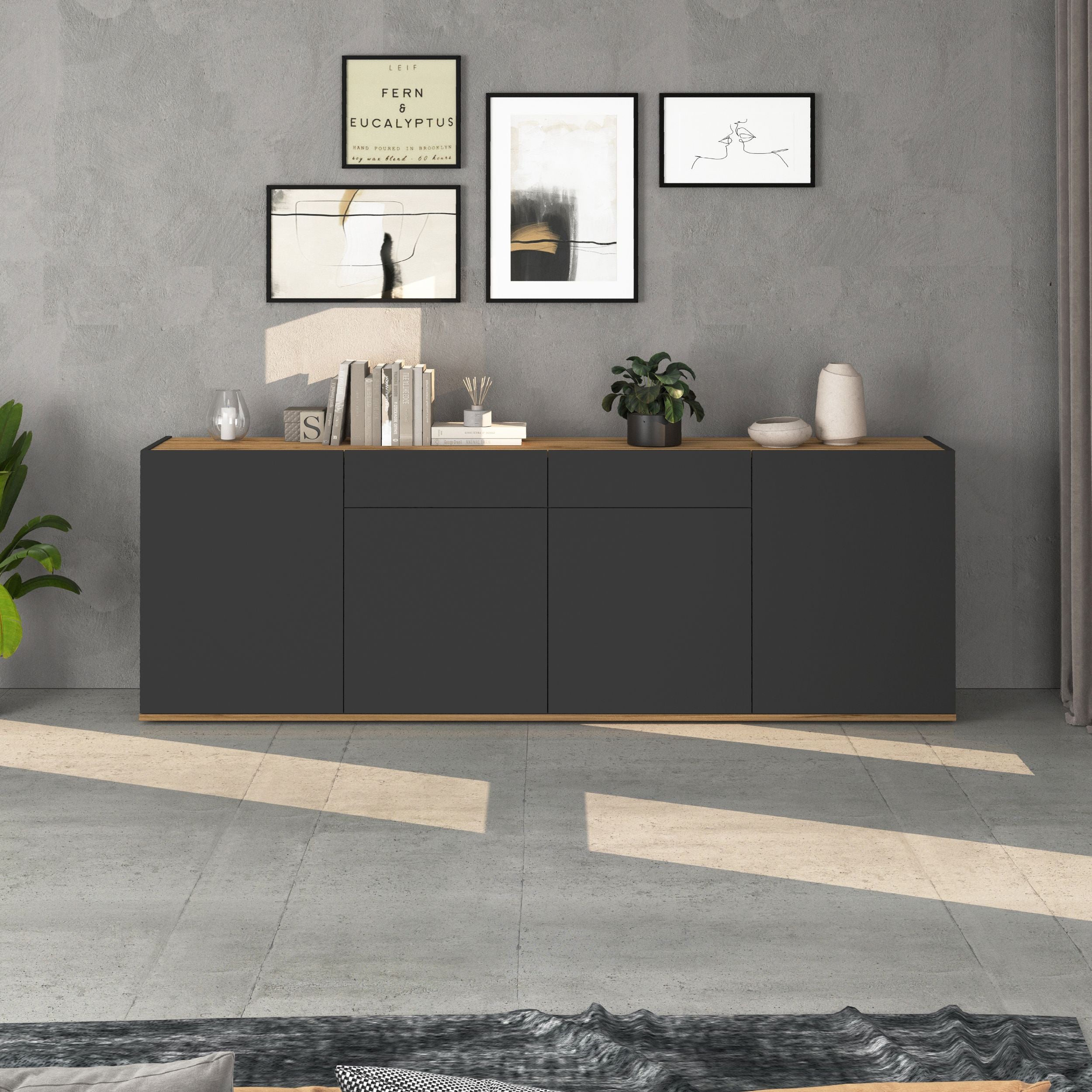 Madia Garda a 4 ante e 2 cassetti antracite opaco/rovere 200x35x71 cm