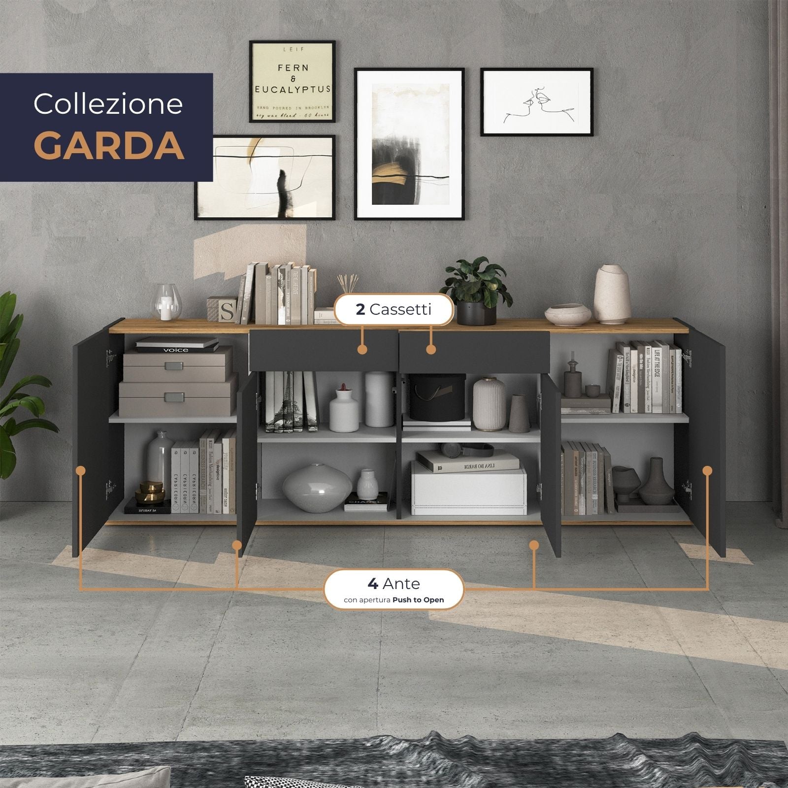 Madia Garda a 4 ante e 2 cassetti antracite opaco/rovere 200x35x71 cm