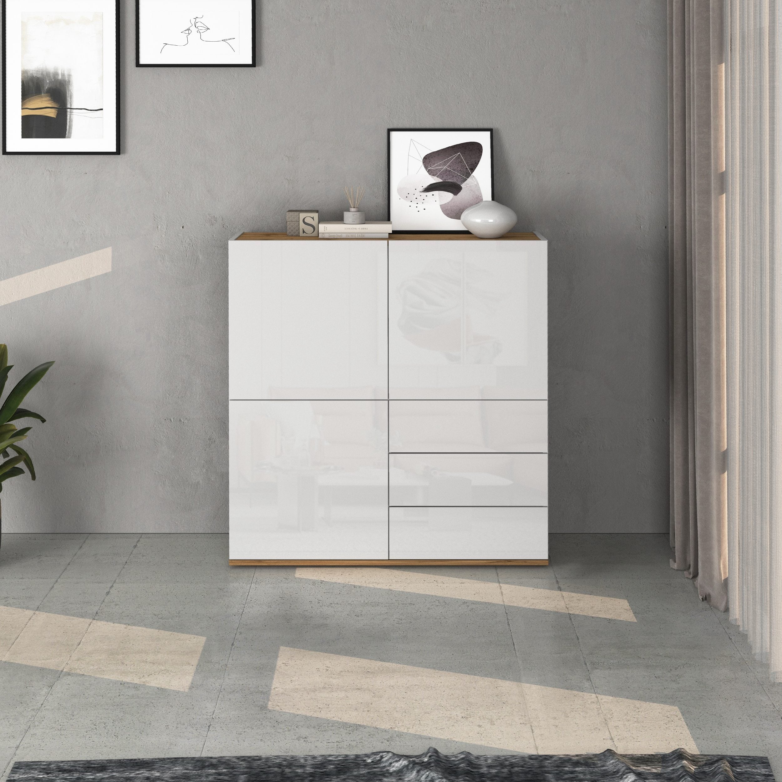 Credenza Garda a 3 ante e 3 cassetti bianco lucido e rovere 102x35x110 cm