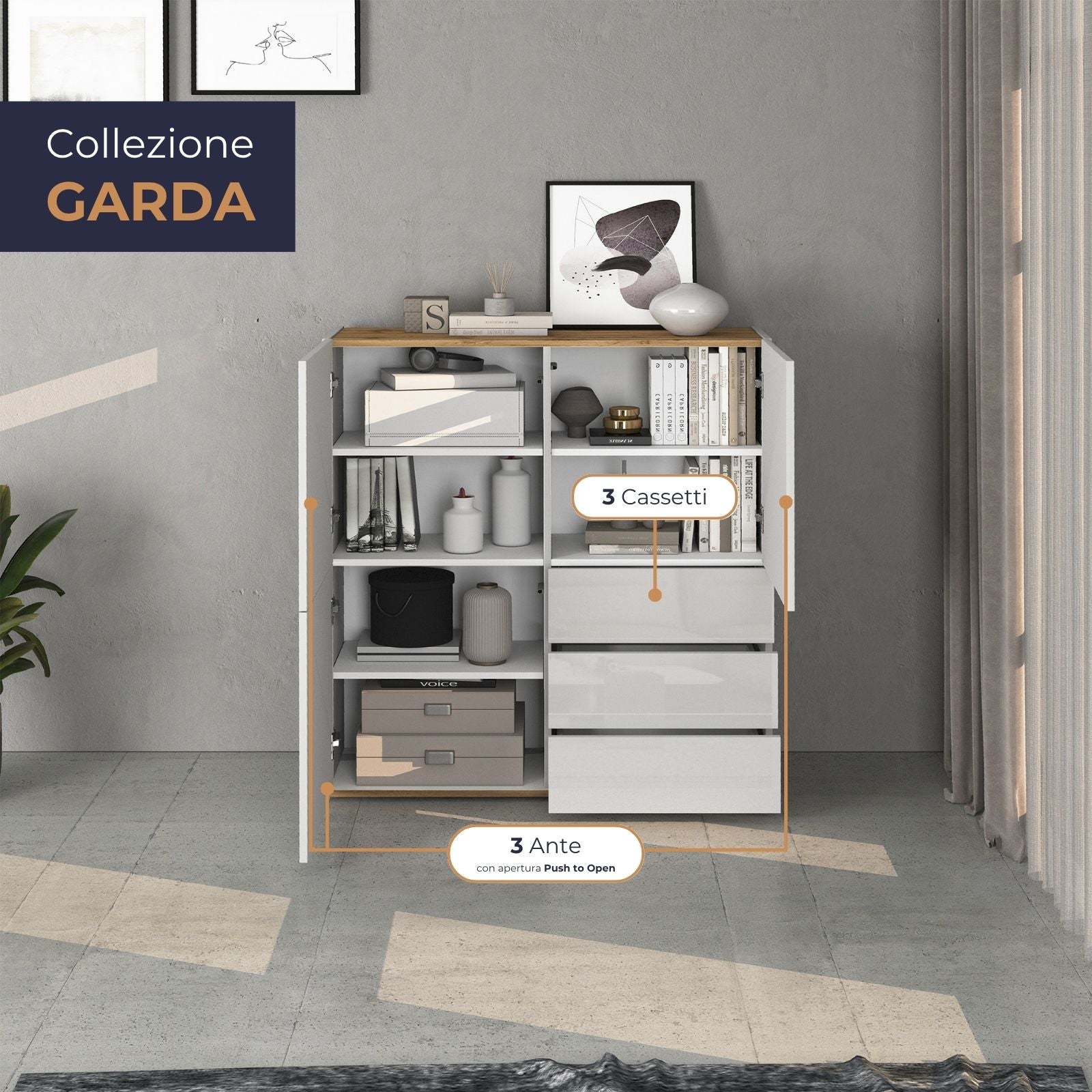 Credenza Garda a 3 ante e 3 cassetti bianco lucido e rovere 102x35x110 cm