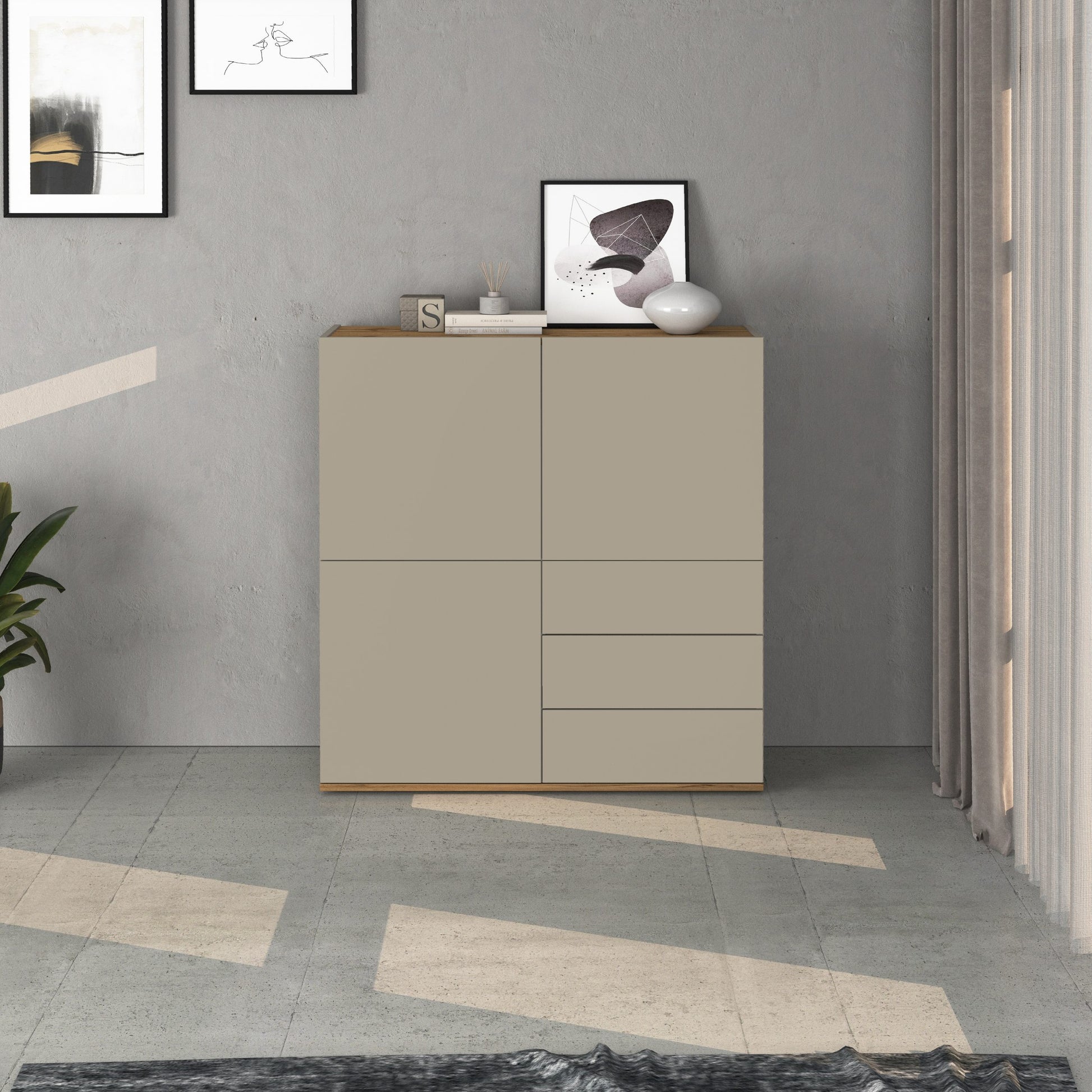 Credenza Garda a 3 ante e 3 cassetti tortora opaco e rovere 102x35x110 cm