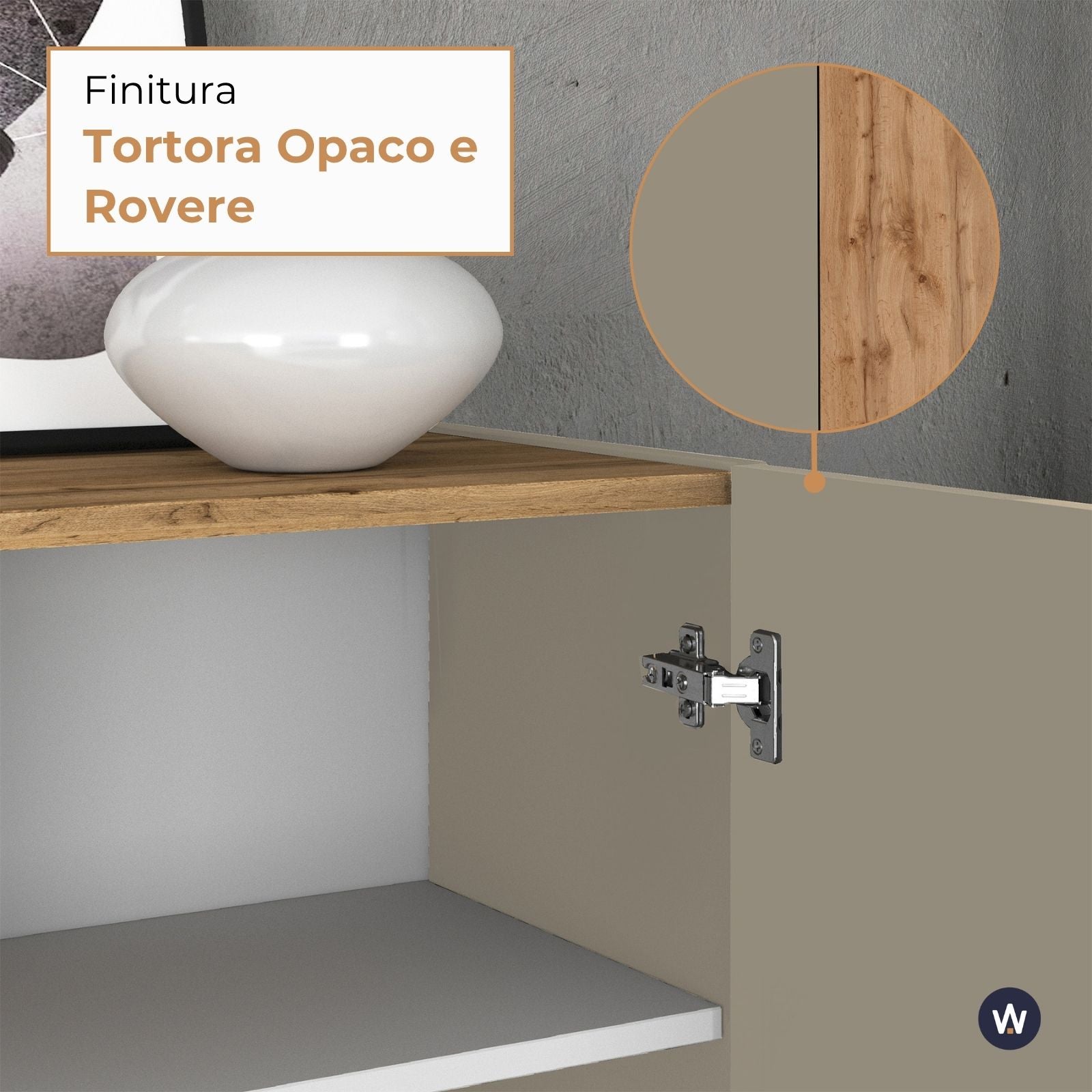 Credenza Garda a 3 ante e 3 cassetti tortora opaco e rovere 102x35x110 cm
