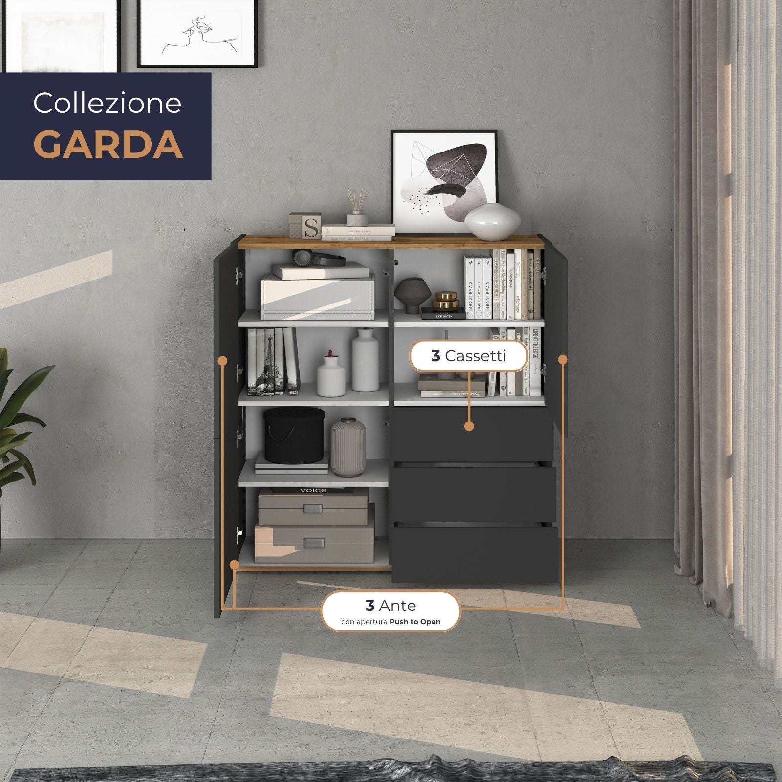 Credenza Garda a 3 ante e 3 cassetti antracite opaco/rovere 102x35x110 cm