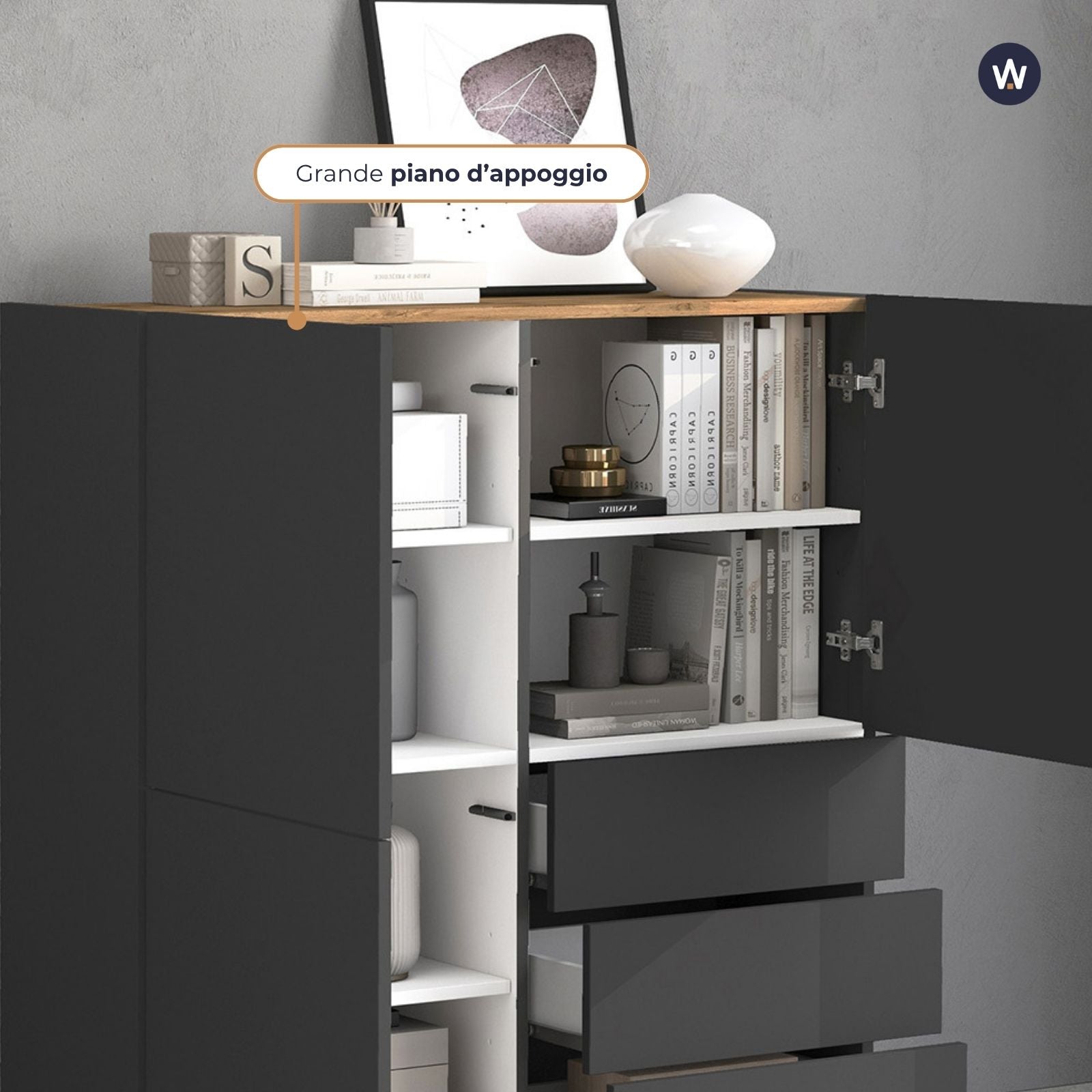 Credenza Garda a 3 ante e 3 cassetti antracite opaco/rovere 102x35x110 cm