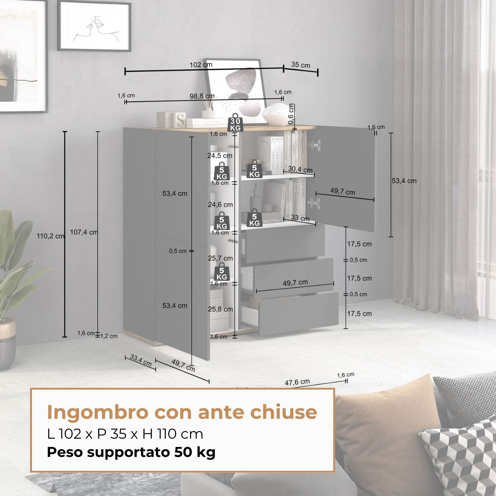 Credenza Garda a 3 ante e 3 cassetti antracite opaco/rovere 102x35x110 cm