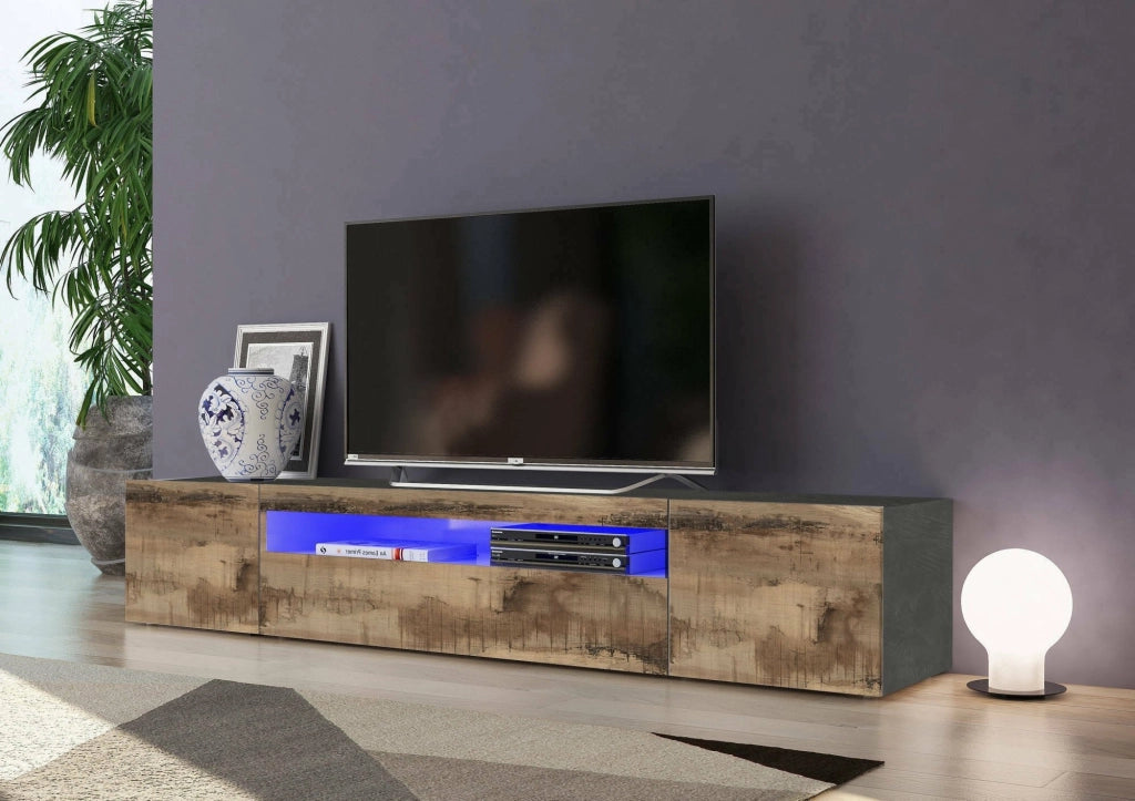 Mobile da soggiorno Porta Artropodi, Made in Italy, Credenza per Artropodi in stile industrial a 3 ante, cm 200x40h37, Ardesia e Acero, con luce LED blu