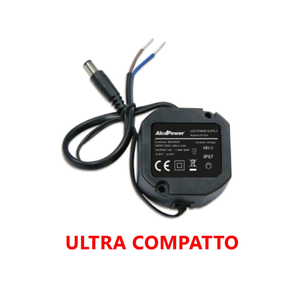 Alcapower Alimentatore Switching IP67 12V 20W 1.66A, Uscita DC 5.5x2.1mm, Efficienza Energetica Elevata, Design Compatto per Ambienti Esterni ed Umidi
