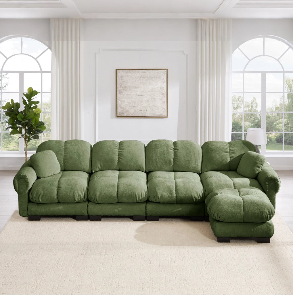 Divano angolare modulare a L in chenille verde con pouf mobile; 330x149x90 cm