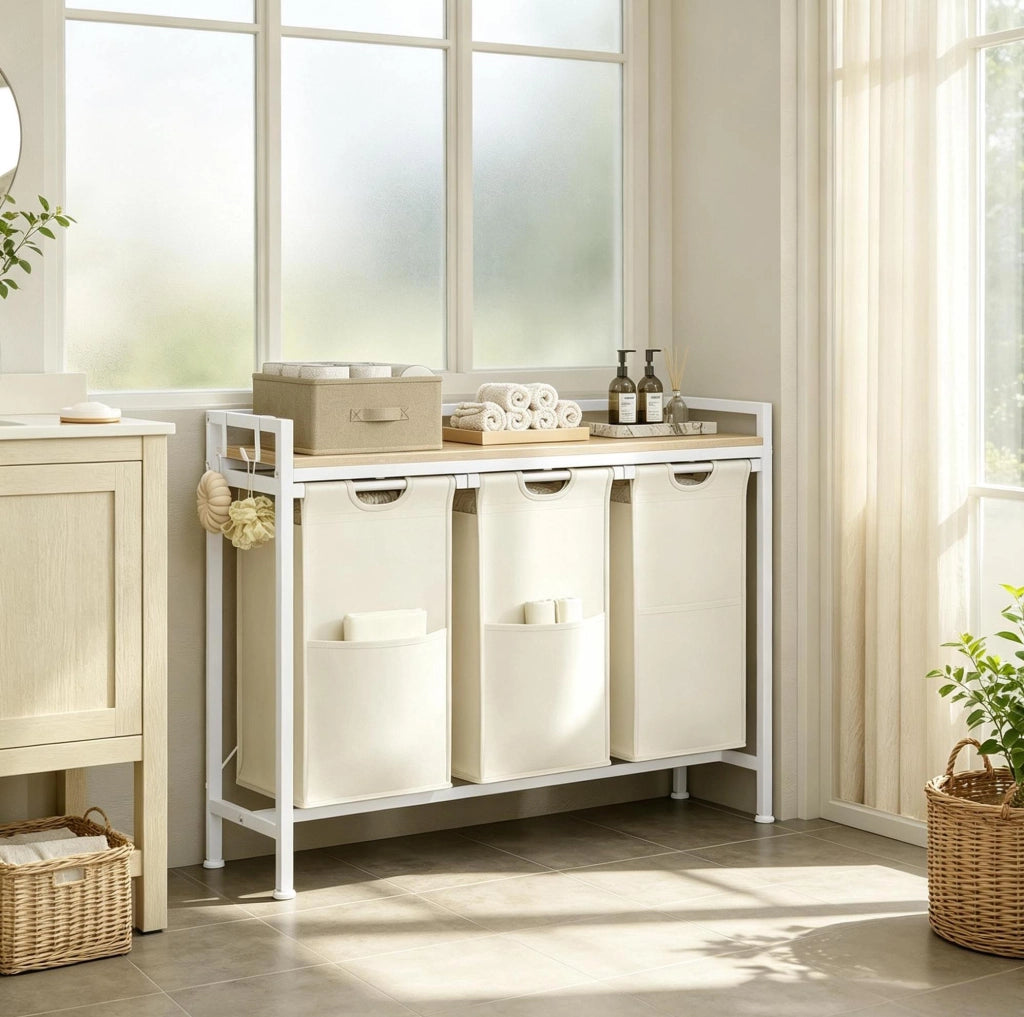 Portabiancheria con 3 Cestini Rimovibili in Legno e Metallo, Organizer Compatto per Bagno e Camera, 96x30x71 cm, Quercia Chiara e Bianco