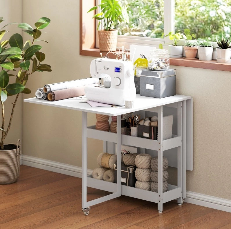 Tavolo da pranzo pieghevole 133.4x80x75 cm con due vani aperti in legno bianco