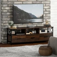 Mobile TV Industriale con 3 Cassetti e 3 Ripiani Aperti, in Legno e Acciaio, 147x40x50 cm, Nero e Marrone