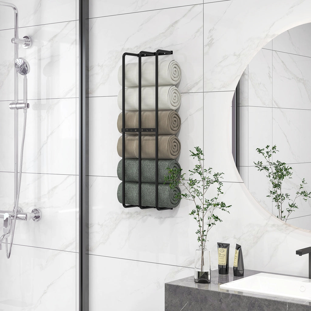 Portasciugamani a Parete con 3 Barre e Telaio in Metallo ¨C zephmum ¨C Nero 21x12x74 cm