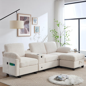 Divano grande in velluto - Xylo - Con console centrale USB-C e pouf