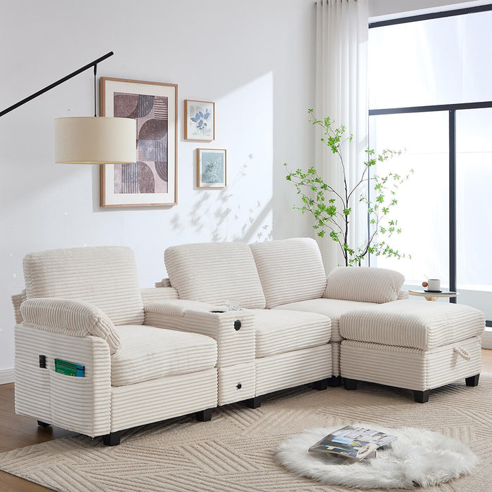 Divano grande in velluto - Xylo - Con console centrale USB-C e pouf