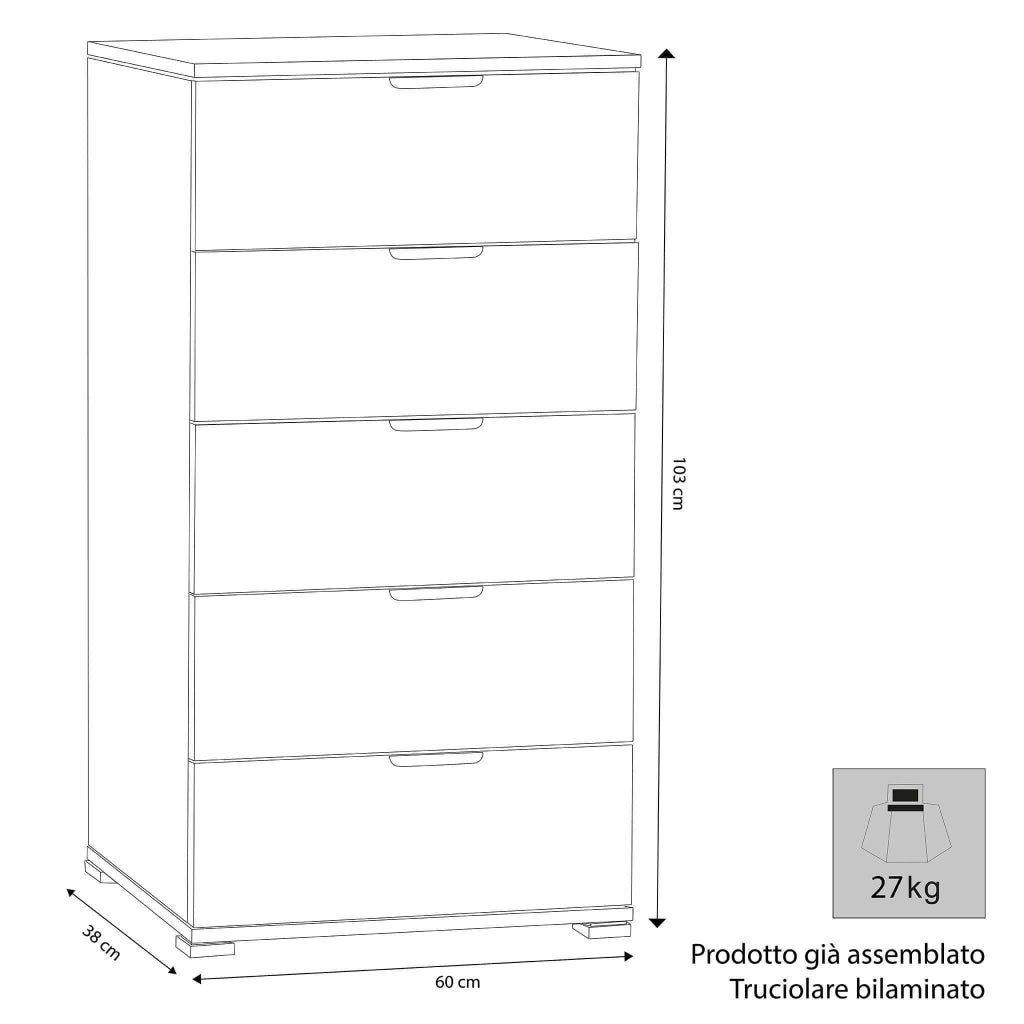 Cassettiera 5 cassetti in Legno Composito cm 60x38x103 - CLIFF