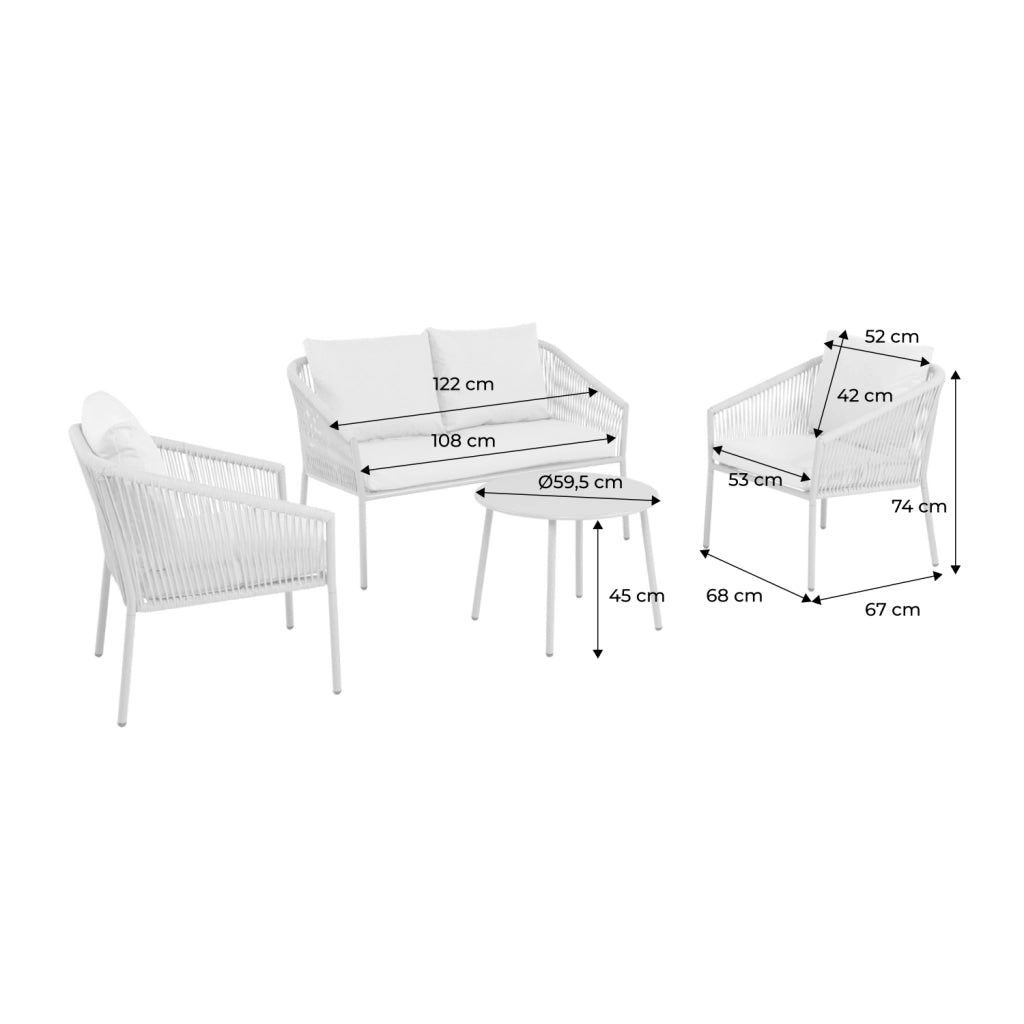 Salotto da giardino in acciaio e corde in resina, 4 posti, beige