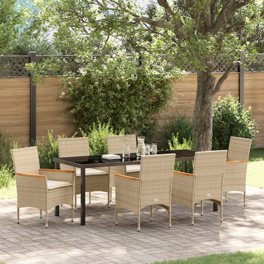 Set da Pranzo per Giardino a 7 Pezzi con Cuscini in Polyrattan Beige