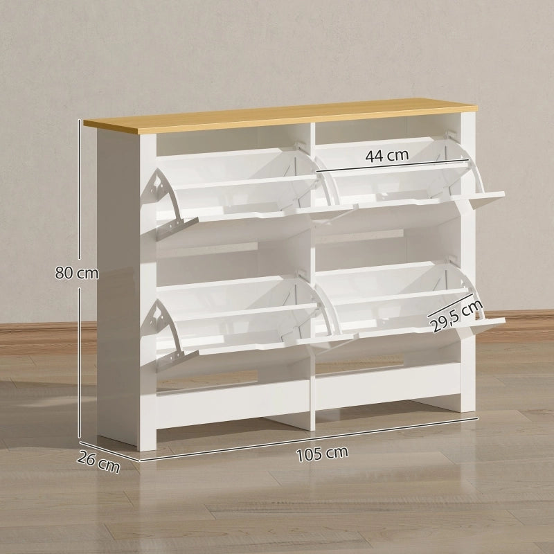 Scarpiera salvaspazio con 4 ante ribaltabili e piano d'appoggio, per ingresso, 105 × 26 × 80 cm, in legno, bianco