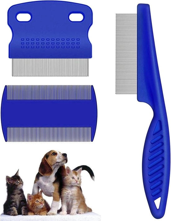 Set di 3 Pettini in Acciaio Inossidabile per la Pulizia dei Peli degli Animali di Compagnia - Pettine con Denti in Metallo Sicuro per la Rimozione Effettiva di Zecche e Pulci