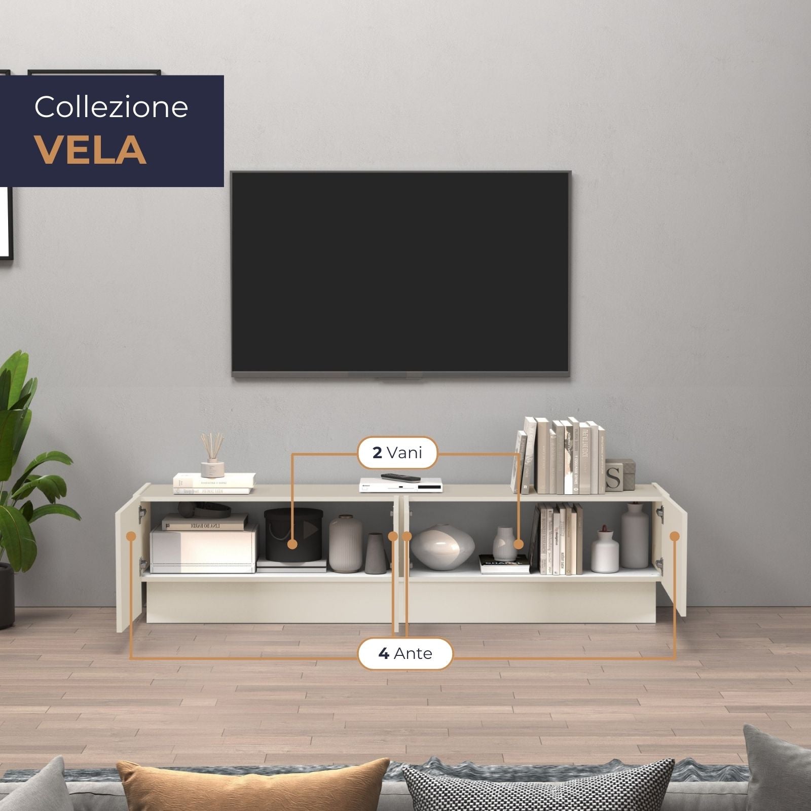 Mobile porta TV Vela con 4 ante colore cashmere 180x35x45,4 cm