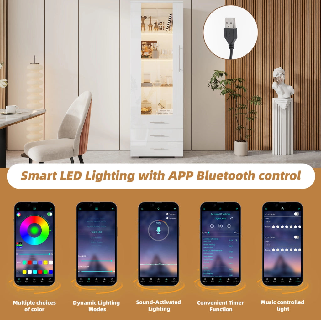 Vetrina verticale bianca 60 x 35 x 180 cm in MDF con LED controllato da app e 3 cassetti