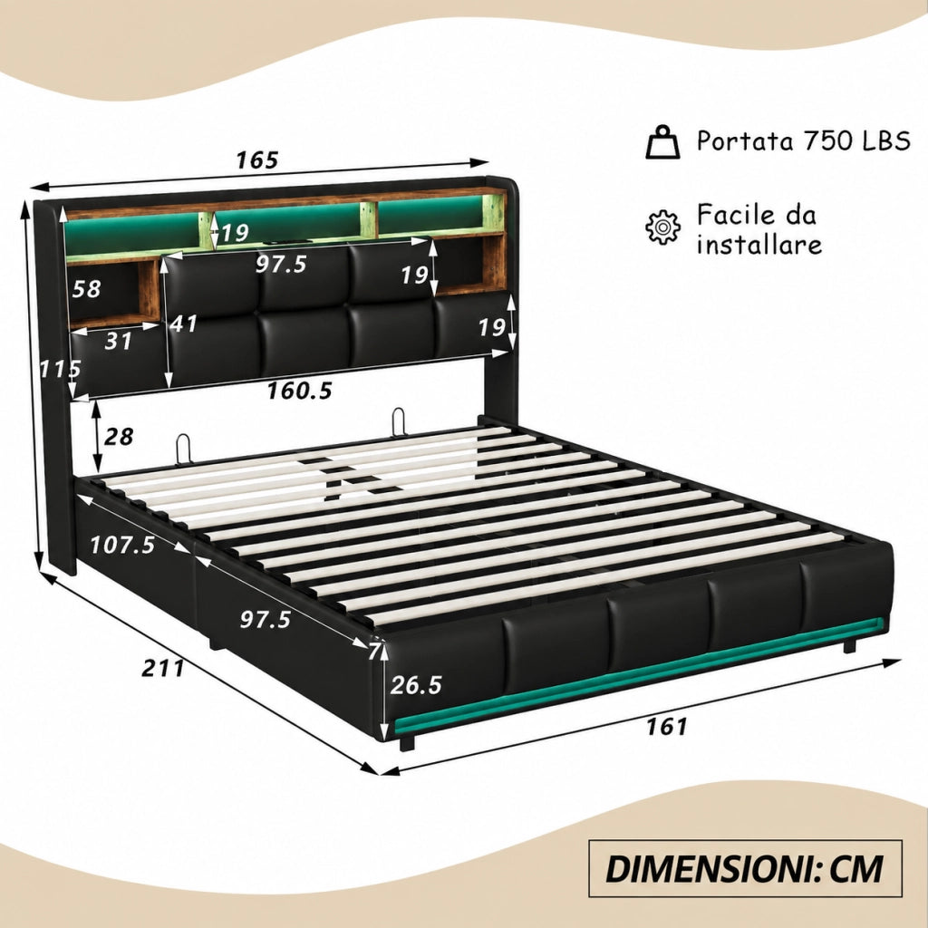 Letto matrimoniale con contenitore idraulico, testiera con vani, LED RGB, pelle sintetica nera, 160x200 cm, con porte USB e presa di corrente