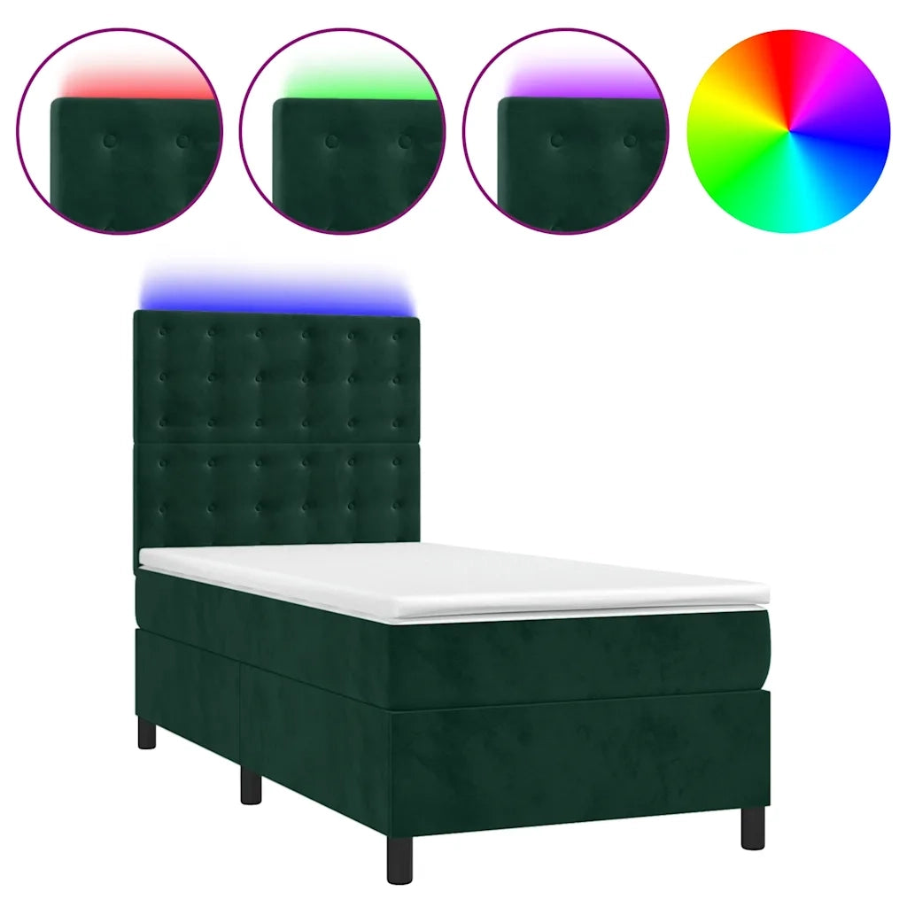 Letto a Molle con Materasso e LED Verde Scuro 90x190 cm Velluto 3136338